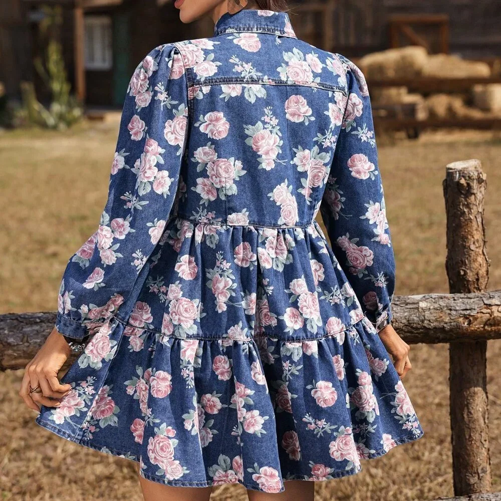Light Wash Boho Women's Floral Print Single-Breasted Ruffle Casual Denim Dress - Picture 2 of 6